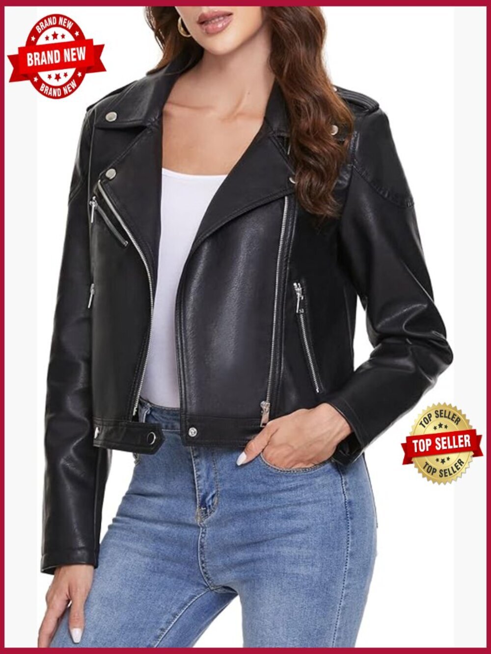 Faux Leather Zip Up Motorcycle Jacket Fitted Slim Coat Women Moto Biker Outwear